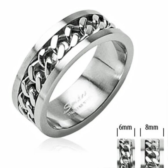 AWESOME STAINLESS STEEL RING WITH CUBAN LINK CHAIN SPINNING BAND. COUPLE RING - Picture 1 of 1